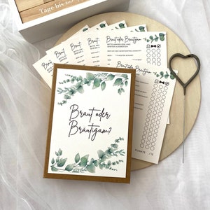 Hochzeitsspiel: Braut oder Bräutigam? | Hochzeitsquiz für Gäste | 50 Karten | Geschenk | Eukalyptus | Unterhaltung | Karte | Party | Spiel