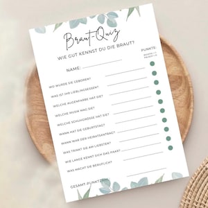 Braut-Quiz im Eukalyptus-Design | Junggesellinnenabschied Spiel | Wie gut kennst du die Braut? | Hochzeit DIY Idee | Postkarte | Partyspiel