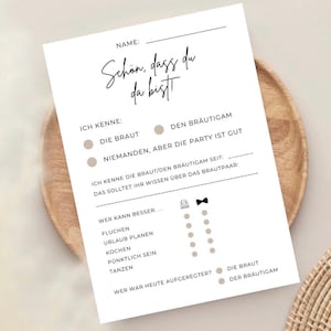 Hochzeit-Spielkarte ‘Schön, dass du da bist!’ – Gäste-Fragekarte für Hochzeiten | Lustiges Hochzeitsspiel | Unterhaltung | Spielkarten