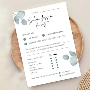 Hochzeitsspiel ‘Schön, dass du da bist!’ mit Eukalyptus-Design – Gäste-Fragekarte für Hochzeiten | Lustiges Hochzeitsspiel | Gästebuch Karte