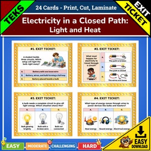 Op de afbeelding: Een set van 24 educatieve exit-ticketkaarten getiteld Electricity in a Closed Path: Light and Heat. De kaarten bevatten meerkeuzevragen over elektrische circuits, batterijen, draden en gloeilampen, geïllustreerd met diagrammen en iconen.