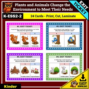 Peut inclure: Un ensemble de 24 cartes de sortie éducatives intitulées Plants and Animals Change the Environment to Meet Their Needs. Chaque carte présente une question à choix multiples avec des illustrations d'animaux comme des écureuils, oiseaux, fourmis et lapins.