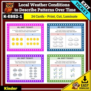 Op de afbeelding: Een set educatieve exit-ticketkaarten getiteld Local Weather Conditions to Describe Patterns Over Time K-ESS2-1. De kaarten bevatten wiskundige opdrachten over het weer met illustraties van zonnen, wolken, regen en wind voor in de klas.