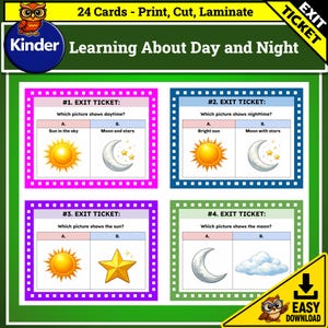 Può includere: Un set di 24 schede educative di uscita intitolate Learning About Day and Night. Le schede presentano domande a scelta multipla con illustrazioni del sole, della luna, di stelle e nuvole, incorniciate da bordi colorati rosa, blu, viola e verdi.