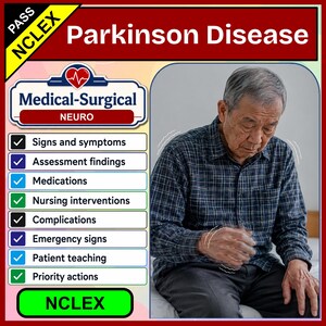 May include: An educational graphic titled Parkinson Disease featuring a list of medical topics including Signs and symptoms, Assessment findings, Medications, Nursing interventions, Complications, Emergency signs, Patient teaching, and Priority actions. An older person in a plaid shirt is shown with motion lines indicating tremors.