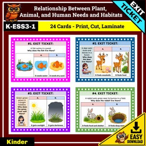 Puede incluir: Conjunto educativo imprimible titulado Relationship Between Plant, Animal, and Human Needs and Habitats, que incluye 24 tarjetas con preguntas de opción múltiple sobre hábitats animales, con ilustraciones de peces, ciervos y conejos.