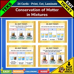 Op de afbeelding: Een set van 24 educatieve kaarten getiteld Conservation of Matter in Mixtures. Elke kaart bevat meerkeuzevragen met illustraties van bekers, potten en digitale weegschalen die metingen in grammen weergeven, ontworpen om te printen en knippen.