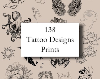 May include: A collection of 138 tattoo designs, including a cherub with a bow and arrow, a skull with horns, an octopus, a sun, a flower, a heart, a pair of wings, a face, a leaf, a hand holding a cigarette, a Greek statue, and a gothic font.