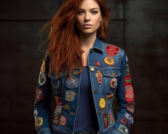 Könnte beinhalten: Eine Frau mit langen, roten Haaren trägt eine blaue Jeansjacke mit verschiedenen bunten Aufnähern. Die Jacke hat einen Reißverschluss und zwei Vordertaschen.