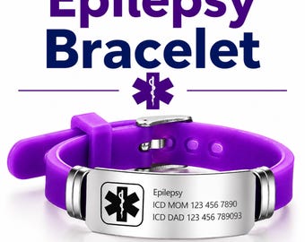 Braccialetto di allerta medica per epilessia viola, braccialetto identificativo medico personalizzato per crisi epilettiche, regalo di emergenza in silicone con incisione personalizzata ICE