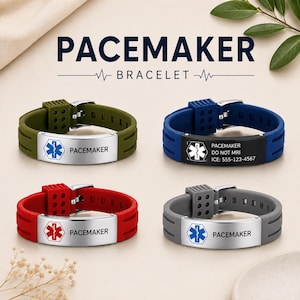 May include: Four silicone medical alert bracelets with metal plates. The bracelets come in olive green, navy blue, red, and gray. Each plate features a blue or red Star of Life symbol and the text PACEMAKER. One plate includes additional text.