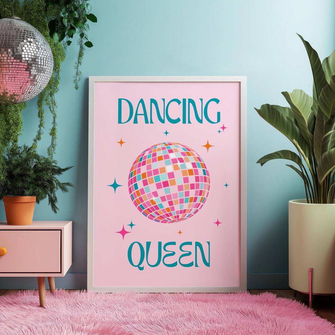 Disco Ball Print: Dancing Queen Blue Pink Orange Retro Wall Art ...