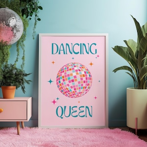 Dancing Queen Teal, Pink und Orange Disco Ball Digitaldruck, Preppy Wohnheim Dekor. Retro Spiegelball Wandkunst. Trendige und Funky Printables.