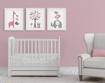 Baby Girl Nursery Girl Nursery Decor Kids Wall Art giraffe Elephant Tree Birds Owl Pink and Gray Set of three prints