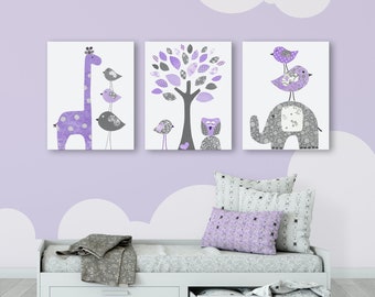 Nursery Canvas Wall Art Decor, Puprle and Gray Set of 3 canvases