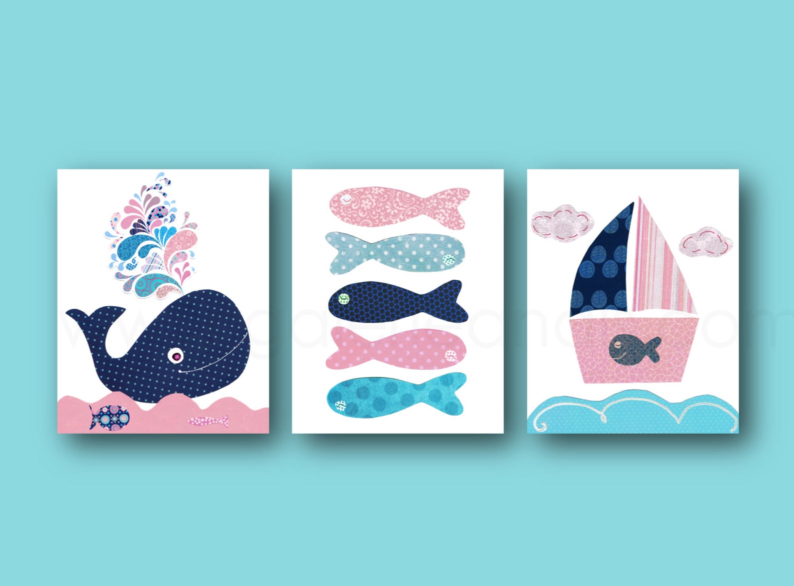 Navy Blue and Pink Nautical Nursery Art Nursery Decor Whale Etsy