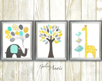 Blue Turquoise Yellow Gray Nursery decor print Giraffe Nursery Elephant Nursery wall decor Animal Children bird Set of three prints