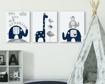 Nursery Canvas Wall Art Decor, Gray and Navy, You are My Sunshine Set of 3 canvases