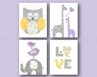 Nursery Wall Decor, Purple yellow and gray Nursery Art, baby girl nursery decor,  Nursery Owls, nursery elephant and Giraffe Set of 4 prints