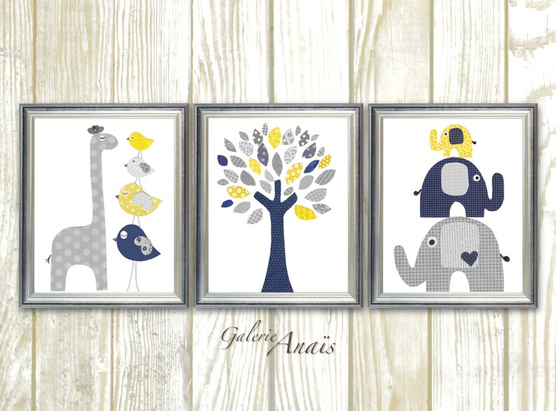 Navy blue yellow and gray Nursery art Animal Nursery Wall