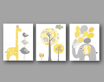 Nursery Art, Yellow and gray Kids Room Decor elephant balloon giraffe bird Tree Home Decor Baby wall art - Set of three prints