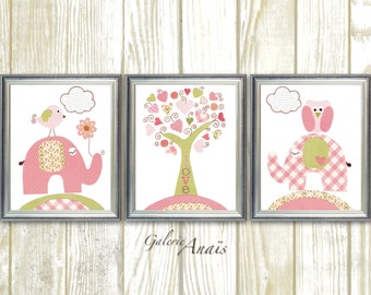 Baby Girl Nursery Decor Art Prints Elephant Home Décor Nursery Kids Wall Art Tree Owl Nursery Bird Set of 3 Prints Tree Of Love