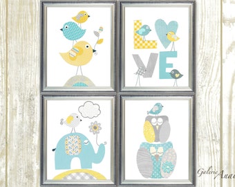 Aqua yellow blue and gray Nursery Art Print nursery art baby nursery kids art love Birds elephant nursery Owls nursery Set of 4 prints