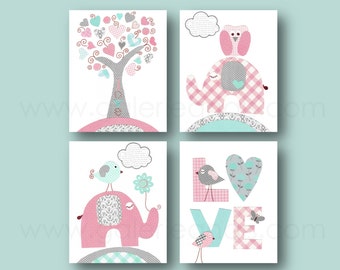 Baby Girl Nursery Decor Pink turquoise and gray Nursery Art Print Kids wall Art love Birds elephant nursery wall art tree Set of 4 prints