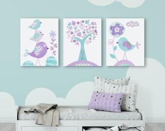 Nursery Canvas Wall Art Decor, Purple and Turquoise Set of 3 canvases