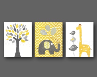 Yellow and gray Chevron, Nursery decor, Home Décor, baby Boys Girls room decor, Kids art, elephant Nursery, giraffe bird, Set of 3 prints