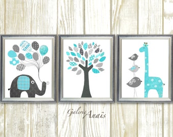 Aqua and gray, Elephant Nursery, Boy Nursery Wall Art, Giraffe and tree nursery, Playroom art, Home Decor, Set of three
