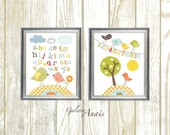 baby boy nursery decor art kids art kids room decor baby girl nursery bird alphabet numbers tree  Birdies School Set of 2 prints