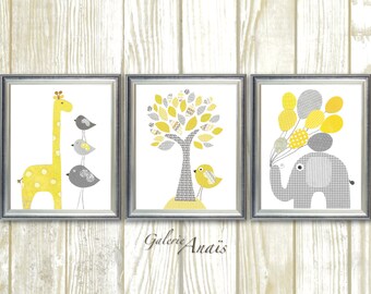 Baby room Decor Yellow and gray nursery Baby boy nursery decor baby girl nursery art elephant nursery giraffe Tree - Set of three prints