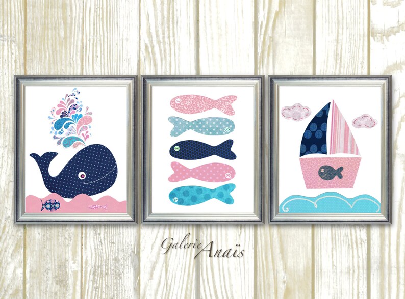 Navy Blue and Pink Nautical Nursery Art Nursery Decor Whale Etsy