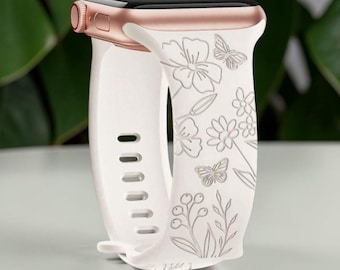 Floral Engraved Watch Band for Apple Watch Women's Silicone Strap with Butterfly Design Gift for Her