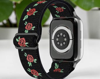 Floral Rose Pattern Apple Watch Band Black Woven Strap for Smartwatch Women Adjustable Fabric Wristband