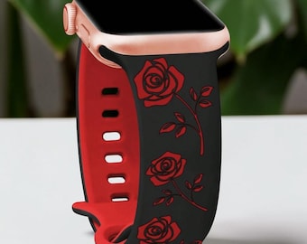 Black and Red Rose Floral Watch Band Silicone Strap for Smartwatch Women Men Romantic Flower Design