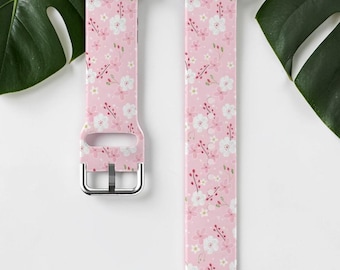 Pink Floral Watch Band for Apple Watch Spring Blossom Pattern Soft Silicone Strap Gift for Her