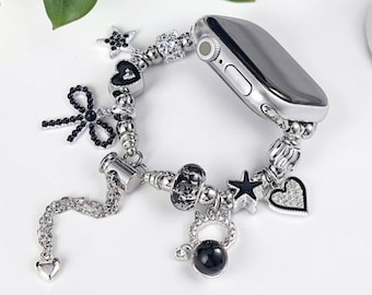 Silver Charm Bracelet Apple Watch Band Black Heart Star Beaded Strap for Smartwatch Women Jewelry Style Gift