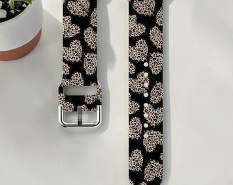 Leopard Print Apple Watch Band Black and Tan Animal Heart Pattern Silicone Strap for 38mm 40mm 41mm 42mm 46mm 45mm 44mm 49mm