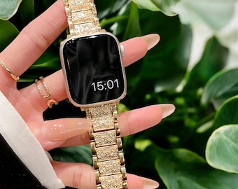 Luxury Gold Diamond Watch Band for Apple Watch Women Sparkly Metal Bracelet Strap Elegant Bling iWatch Band Gift