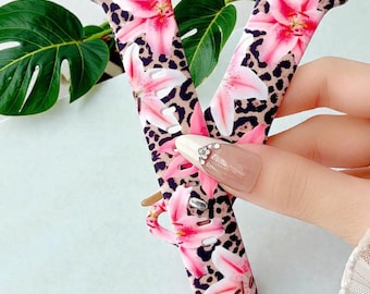 Leopard Floral Watch Band Pink Lily Print Silicone Strap for Apple Watch Women Fashion Accessory