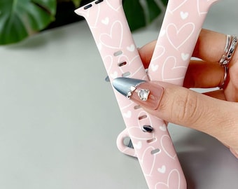 Pink Heart Print Silicone Apple Watch Band Cute Love Pattern Wristband for Smartwatch Women Girls Gift