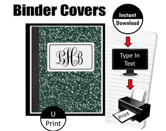 Instant Download 3 Ring Binder Covers Inserts Composition Notebook Green School Student Teacher Editable Monogram Digital Printable