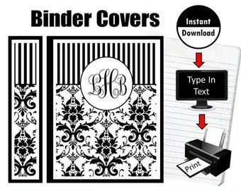 Instant Download Printable Folder Binder Covers Inserts Black and White Damask Print Stripe School Student Teacher Editable Planner