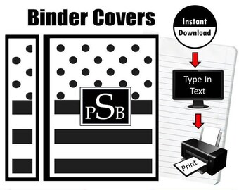 Editable Binder Covers Inserts Spines Black White Dots Stripe School Student Teacher Personalized Monogram Printable Instant Download