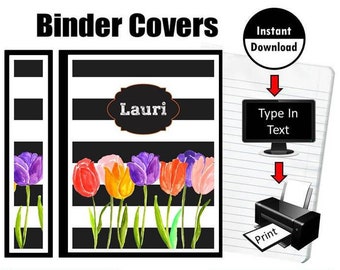 Editable Binder Folder Covers Insert Spines Name Stripe Watercolor Tulips Back To School Student Teacher DIY Instant Download