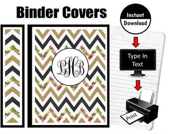 Instant Download Binder Covers Folder Inserts Spines Black Gold Roses Chevron School Student Teacher Editable Monogram Initial Printable