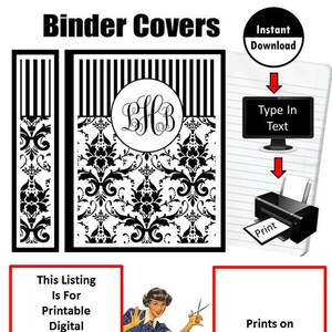 Instant Download Printable Folder Binder Covers Inserts Black and White Damask Print Stripe School Student Teacher Editable Planner