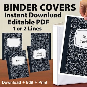 Binder Covers Insert Composition Notebook Black School Supply Student Teacher Name Subject Digital Printable